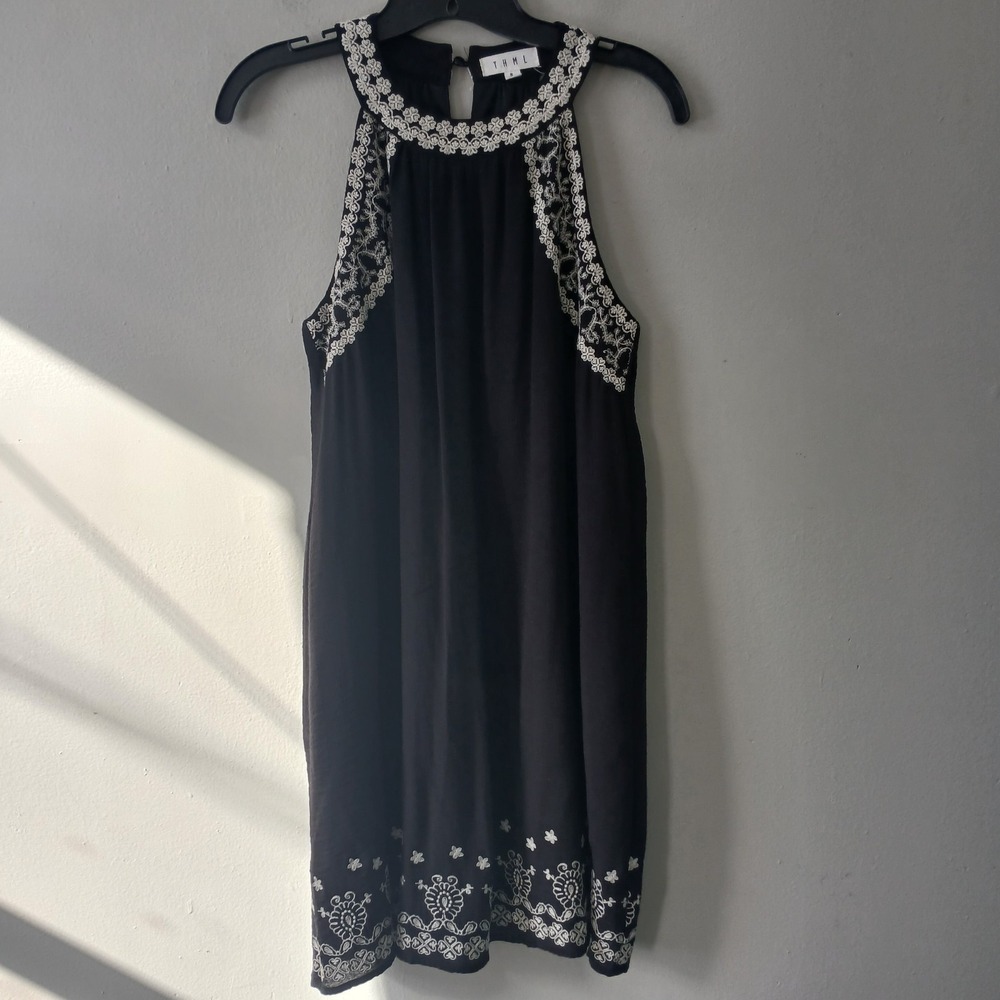 Anthropologie THML Size Small Embroidered Halter Mini Dress‎ Floral Lined Black
